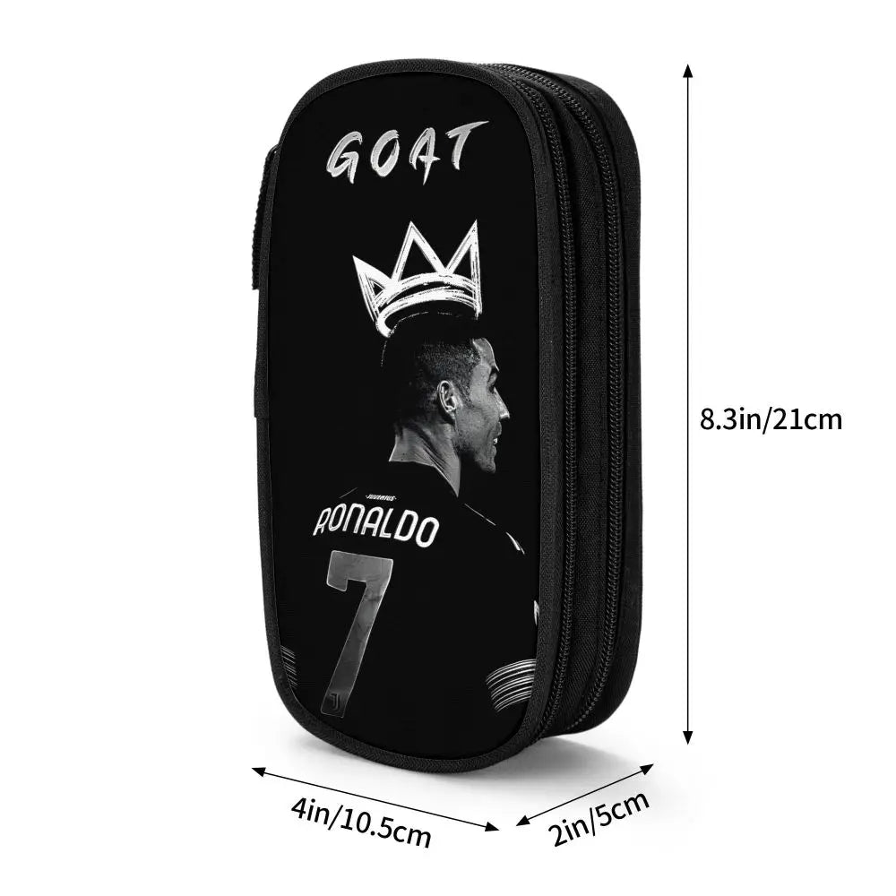 Black zippered pencil case featuring a graphic of a crown and the name RONALDO
