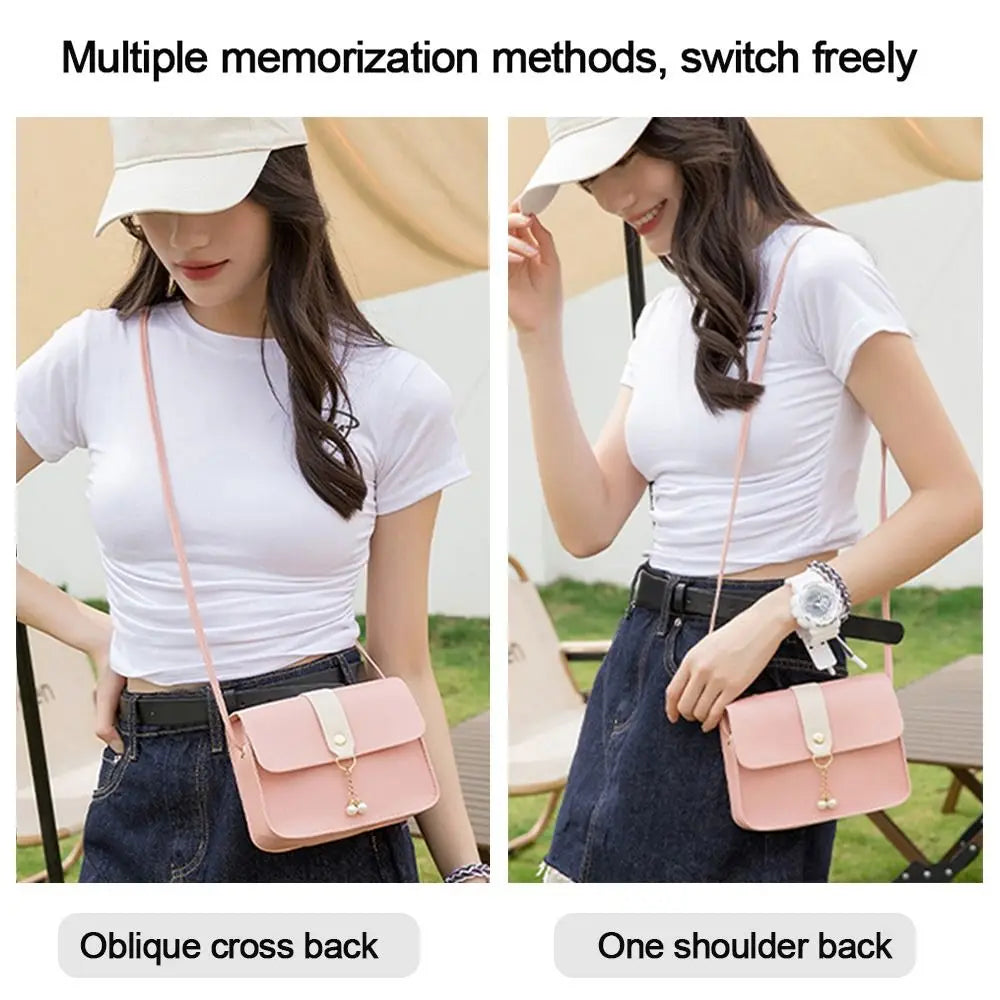 Two women demonstrate the use of a pink fashion square crossbody bag, showing oblique and one-shoulder carrying styles.