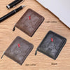 Three men's PU waxed oil leather bifold wallets in dark coffee, black, and light coltee displayed on a wooden surface.