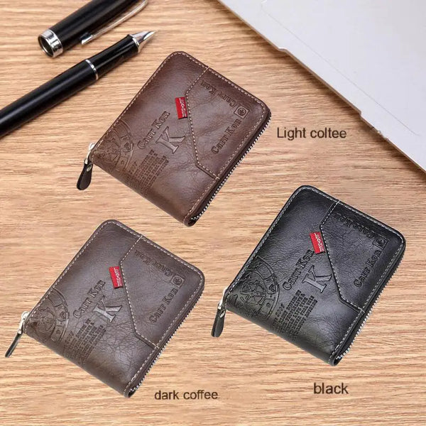 Three men's PU waxed oil leather bifold wallets in dark coffee, black, and light coltee displayed on a wooden surface.