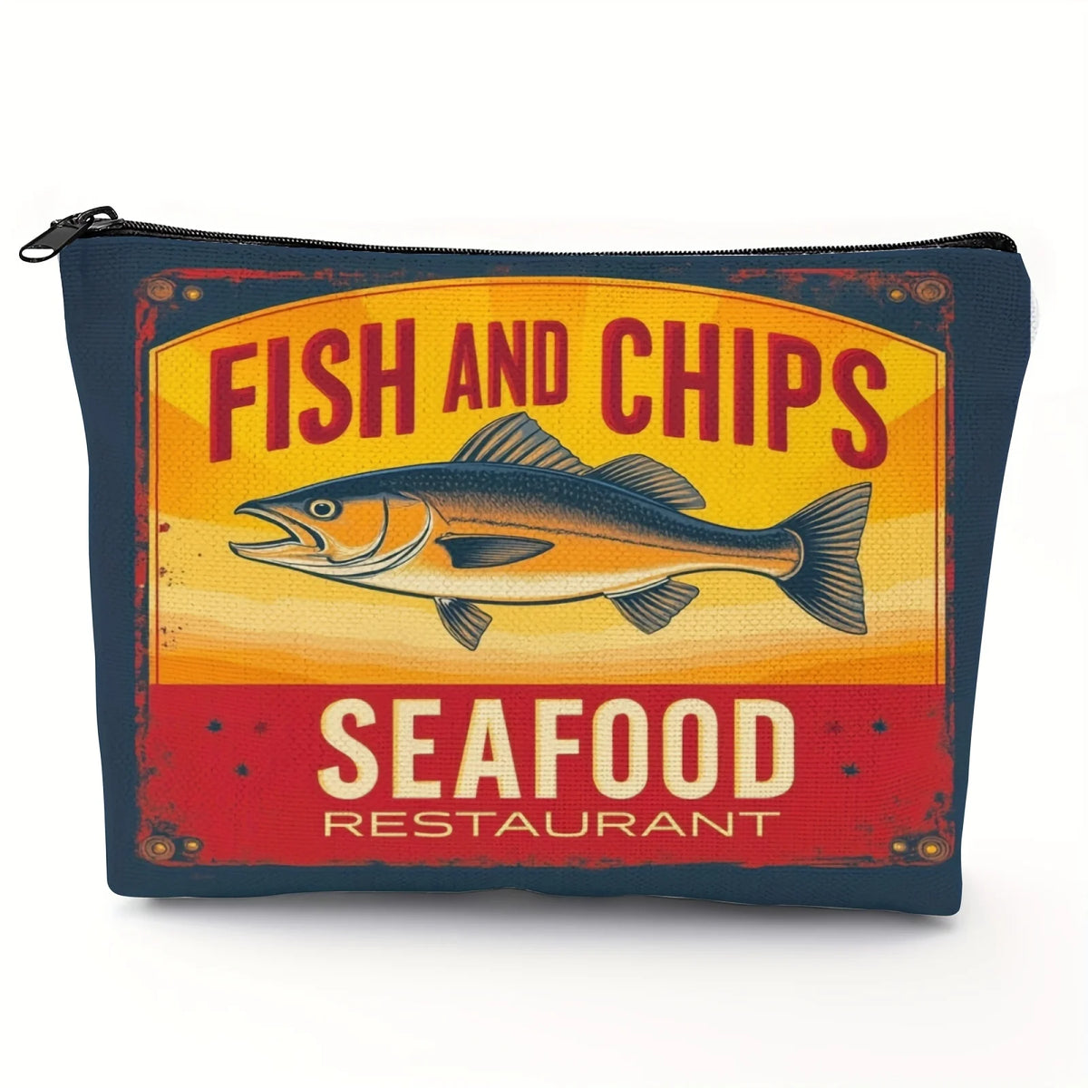 Dunkelblaue Reißverschlusstasche mit Vintage-Design und dem Text Fish and Chips Seafood Restaurant