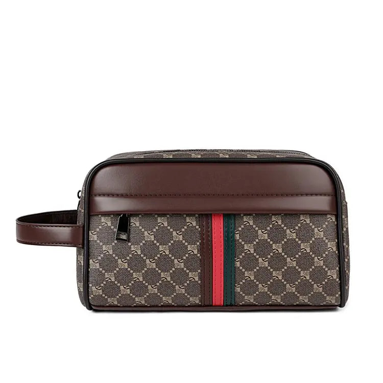 A brown and black Gucci print clutch bag with red and green stripes.