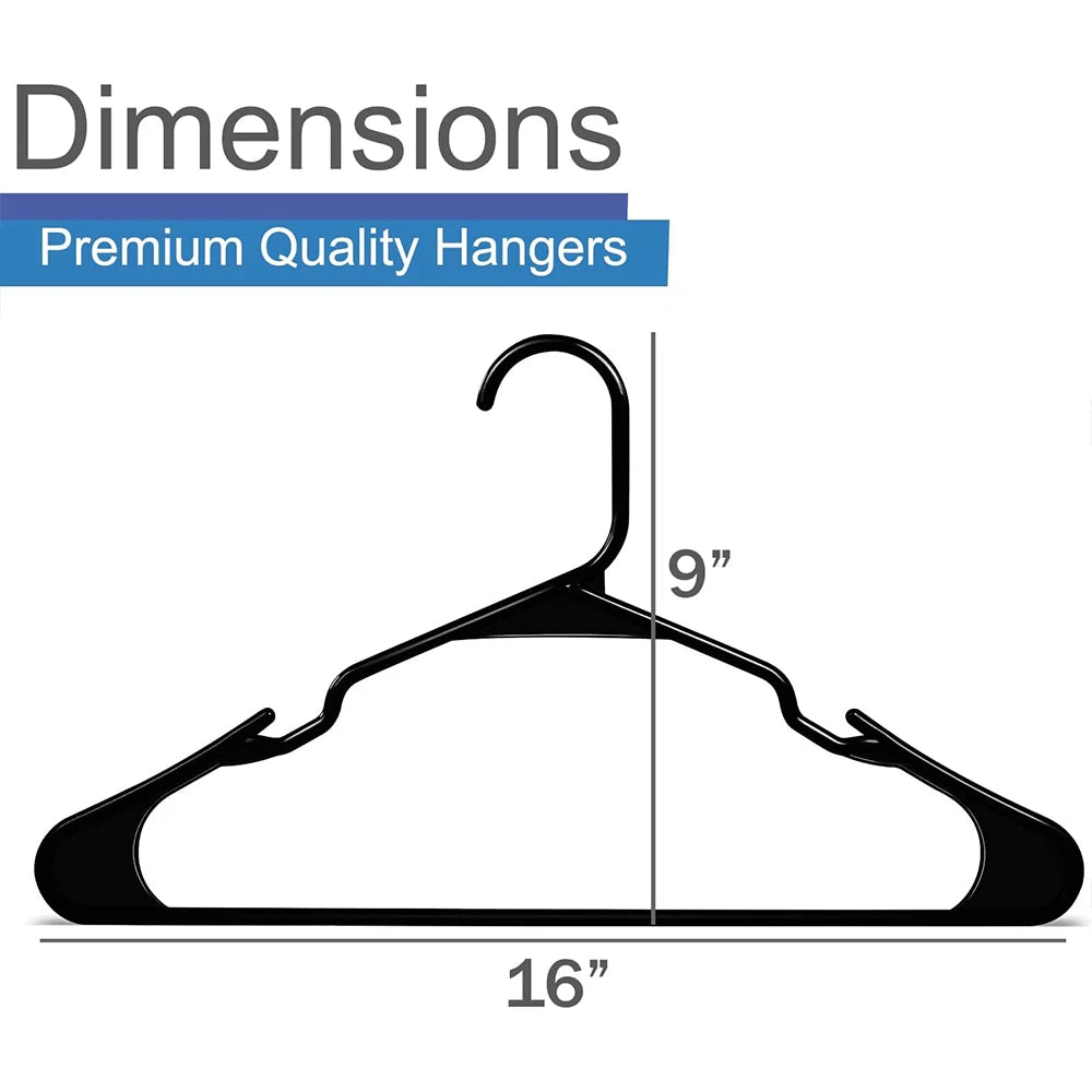 A black premium quality hanger with a curved hook and a flat bar, shown against a white background.