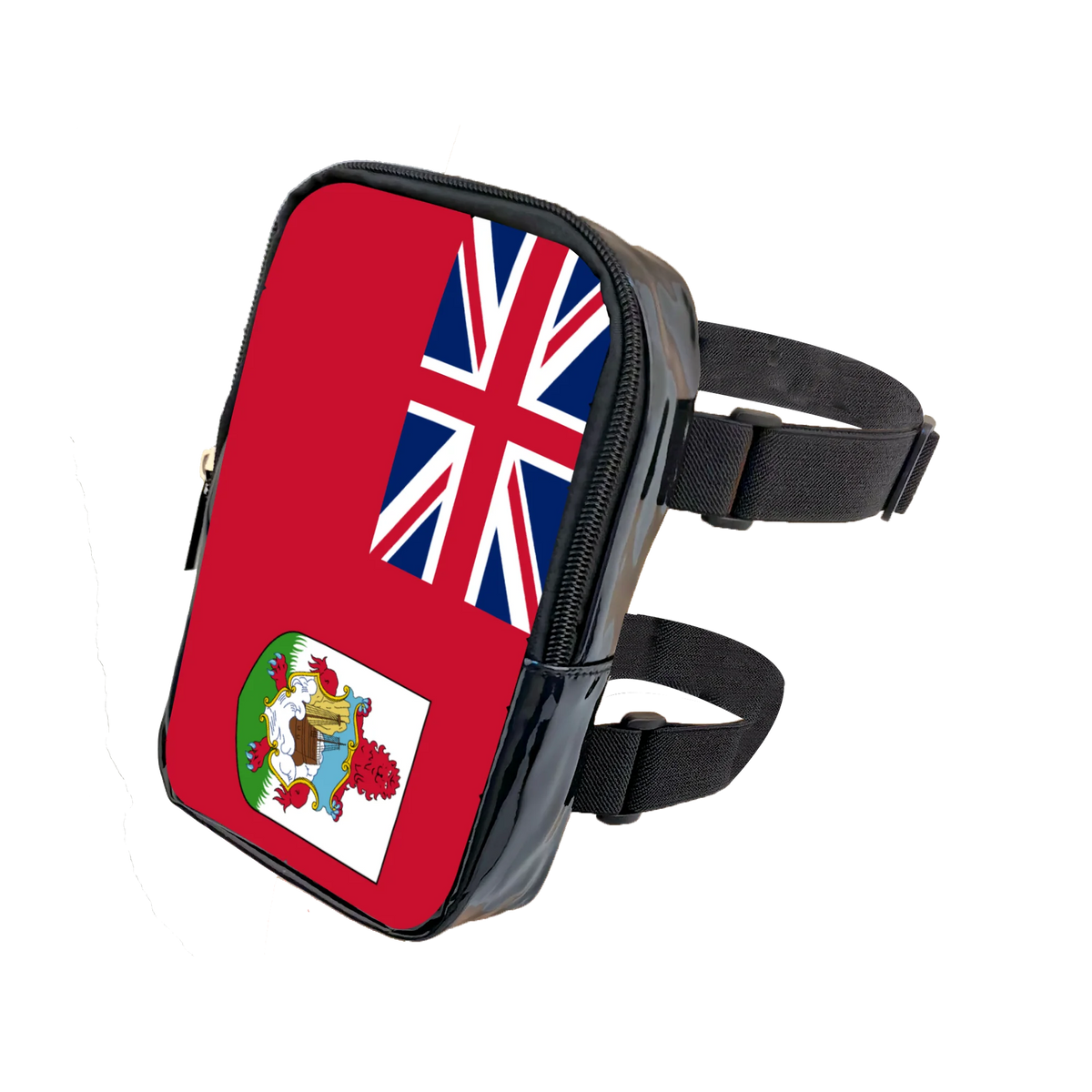 A black adjustable PU waist pouch featuring the Union Jack flag and a Portuguese shield design.