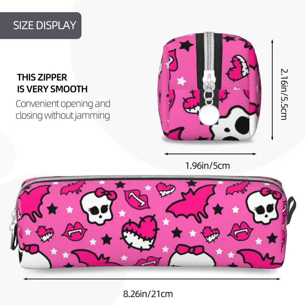 Pink and white patterned zippered pencil case featuring a skull and bat design
