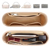 A tan felt purse organizer insert showing various zippered pouches and compartments.
