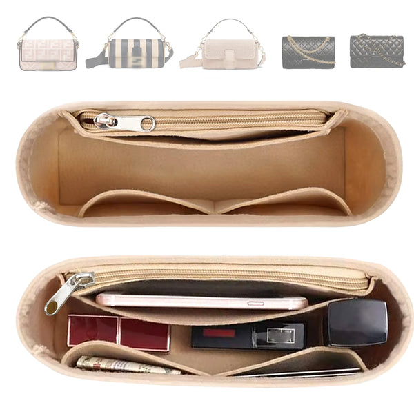 A tan felt purse organizer insert showing various zippered pouches and compartments.