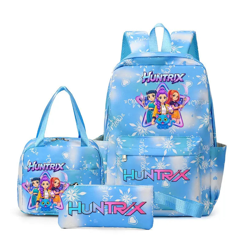 A blue and purple Huntrix backpack set featuring a main backpack and a separate pouch.