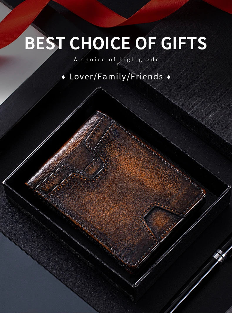 A dark brown leather wallet is displayed inside a black gift box, suitable for lovers, family, or friends.