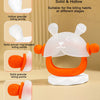 A white teether shaped like a bunny with various types of biting points including hollow, solid ring-shaped, granular, and th