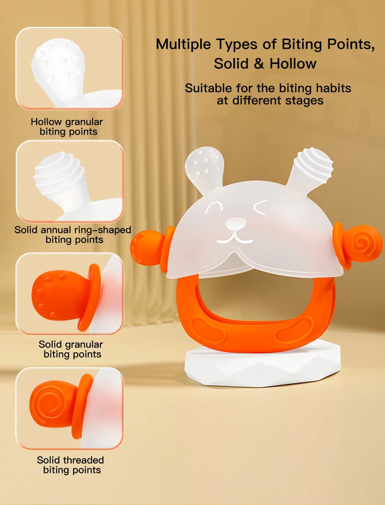A white teether shaped like a bunny with various types of biting points including hollow, solid ring-shaped, granular, and th