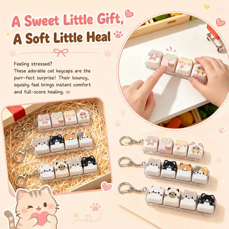 A set of soft little cat keycaps used as a fidget toy and bag charm with various designs