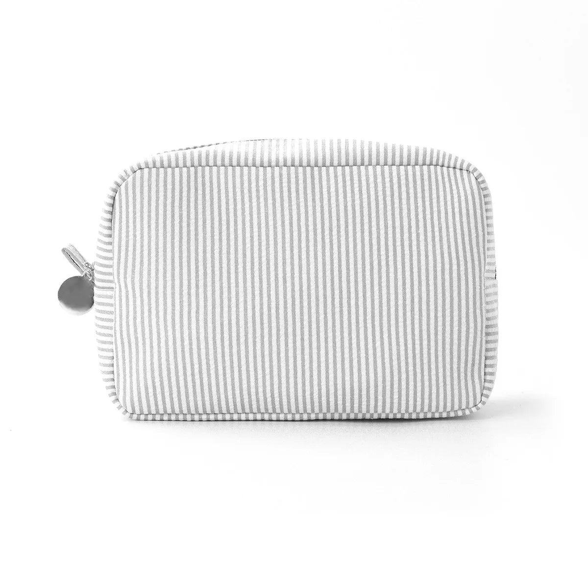A light gray and white striped seersucker cosmetic bag with a zipper closure.