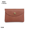 A brown genuine leather card holder or coin purse with a stitched flap and a round brass-colored closure.