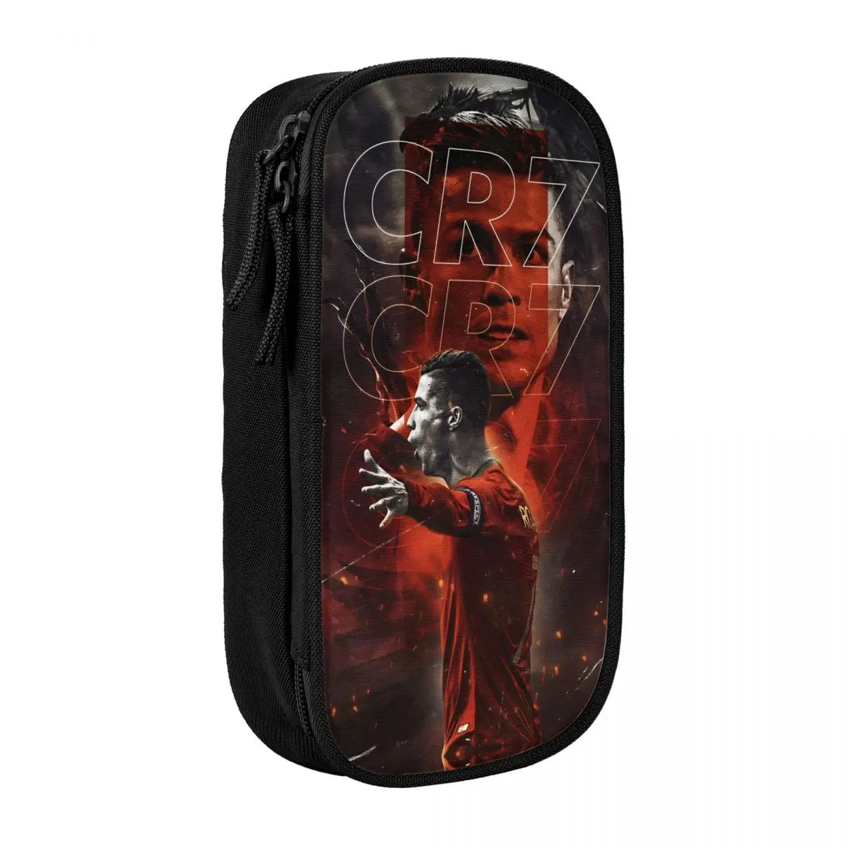 A black pencil case featuring a graphic design of a man's face in fiery red tones.