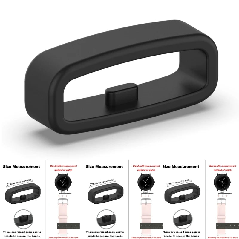 A set of black silicone watch strap retainer rings shown with various size measurements and installation methods.