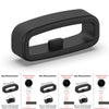 A set of black silicone watch strap retainer rings shown with various size measurements and installation methods.