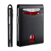 Black slim RFID-blocking credit card holder wallet with a clear window and a metallic pen.