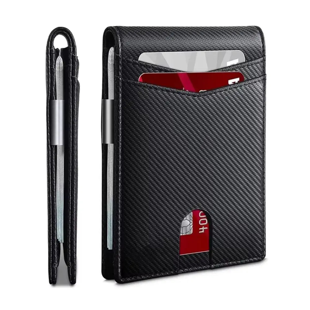 Black slim RFID-blocking credit card holder wallet with a clear window and a metallic pen.