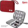 A red portable digital organizer storage pouch with multiple compartments and accessories.