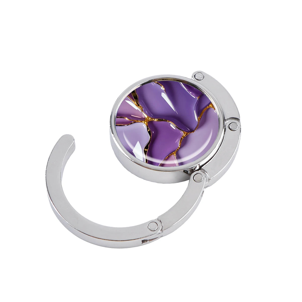 A silver folding table bag hook with a round, purple marble-like gemstone inset.