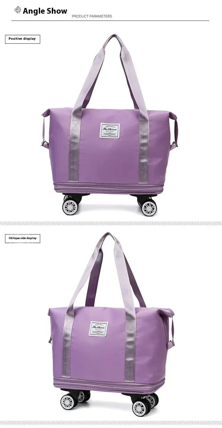 Pochette de voyage multi-usage violette extensible avec poignée et roues, montrée en deux vues.