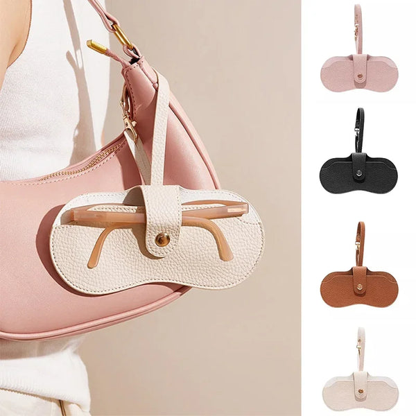 A pink leather sunglasses pouch with a light beige strap and multiple color options shown.