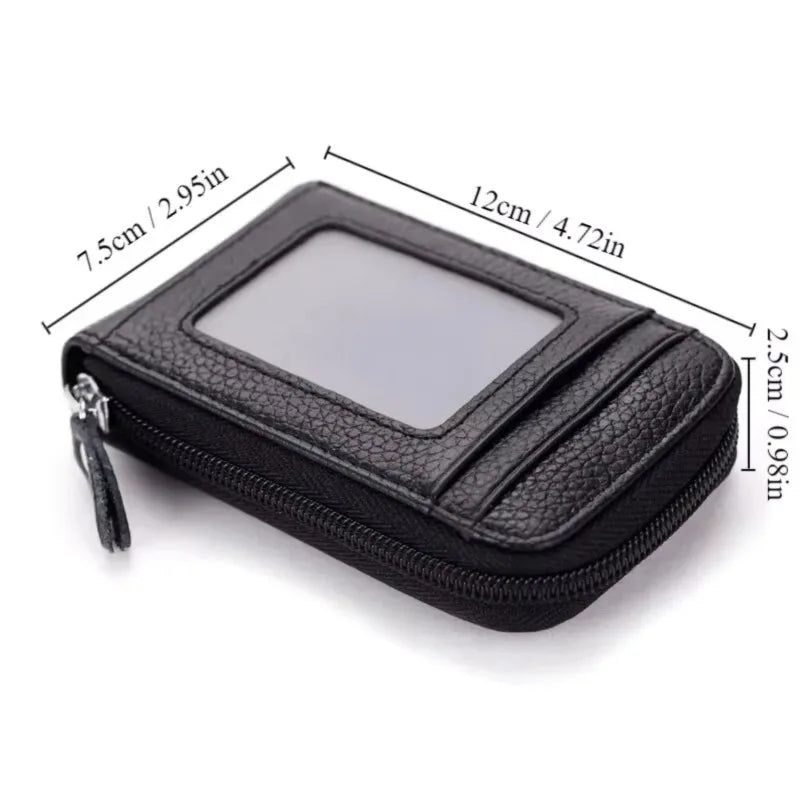 Black slim leather wallet with a clear window showing cards and cash.