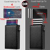 A black card holder wallet showing options for holding 4 embossed or 6 offset cards.