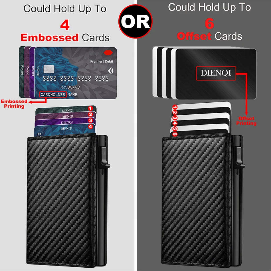 A black card holder wallet showing options for holding 4 embossed or 6 offset cards.