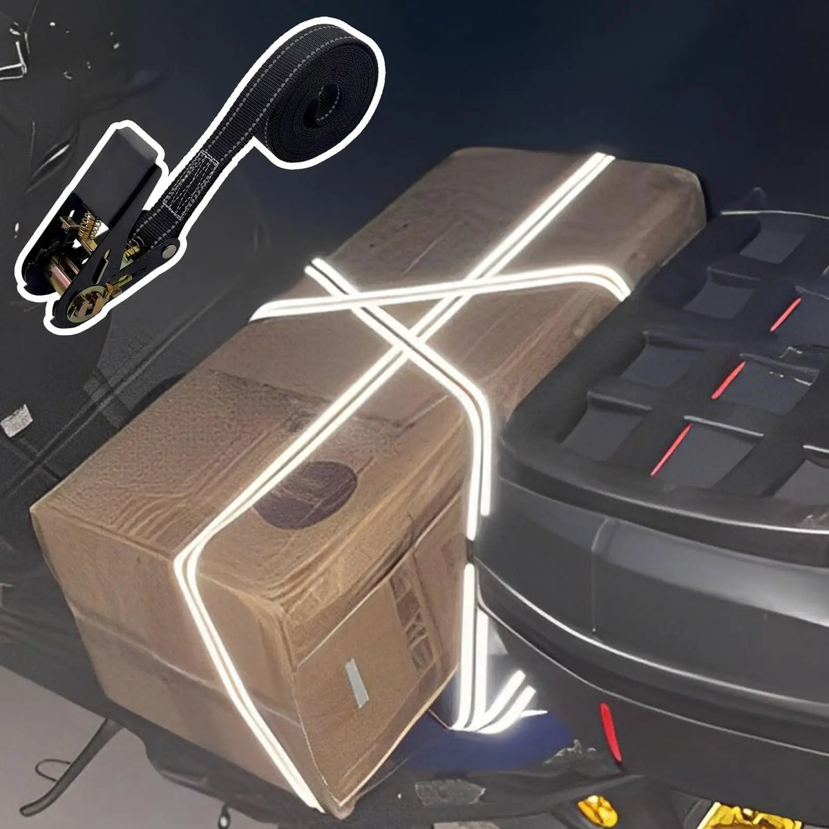 A wooden box is illuminated by bright white LED light strips, with a black ratchet tie-down strap shown nearby.