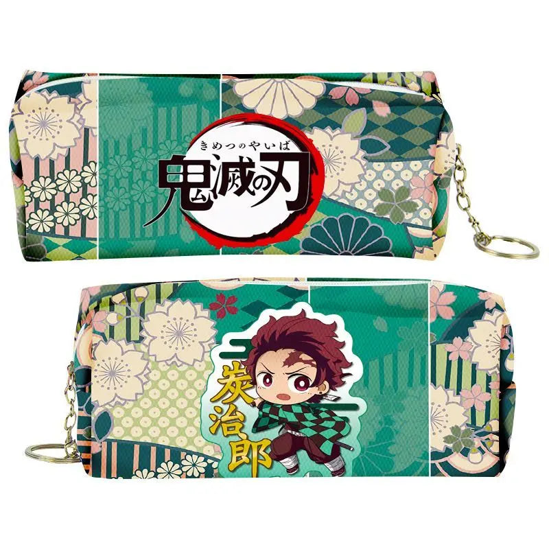 A green and pink patterned PU leather pencil case featuring a Demon Slayer design.