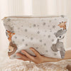 A light beige patterned corduroy makeup storage pouch with a zipper, featuring animal stars and faces.