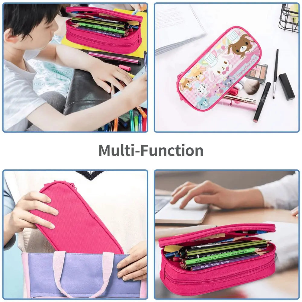 A multi-function pink and purple leather pencil case set shown in various angles.