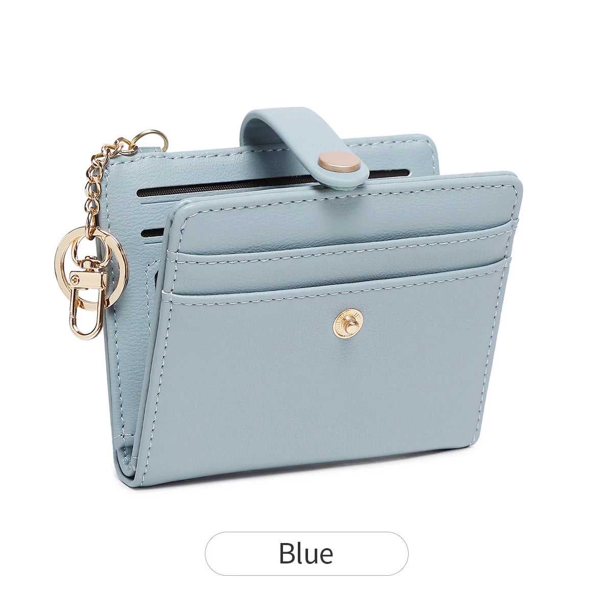 A light blue minimalist wallet with a flap closure and gold-toned hardware.