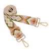 A beige and olive green patterned nylon crossbody bag strap with gold-toned hardware.