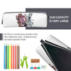 A white elegant leather pencil case with a zipper, showing various colored pencils and a pair of green scissors.