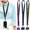 A woman wearing a light blue shirt demonstrates a black phone lanyard with a neck strap and clip.