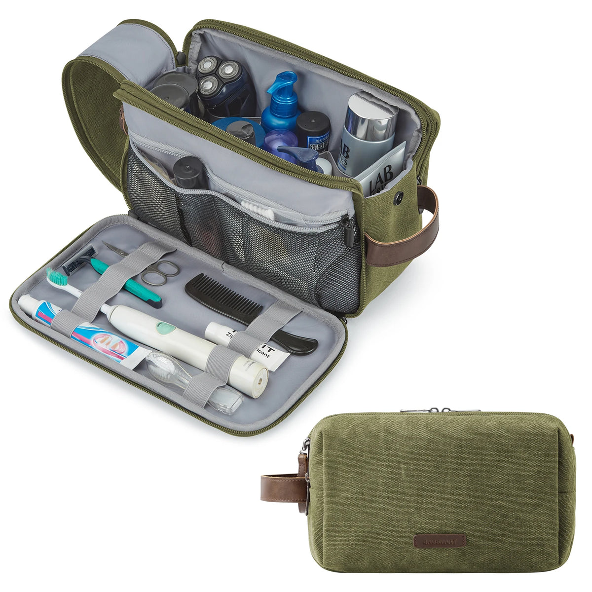 A olive green toiletry bag is shown open, revealing various cosmetic and grooming tools inside.