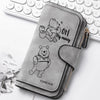 A gray women's long zipper handbag coin purse featuring a line drawing of a teddy bear and the text OH my money forever.