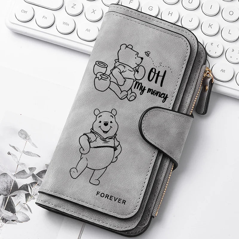 A gray women's long zipper handbag coin purse featuring a line drawing of a teddy bear and the text OH my money forever.
