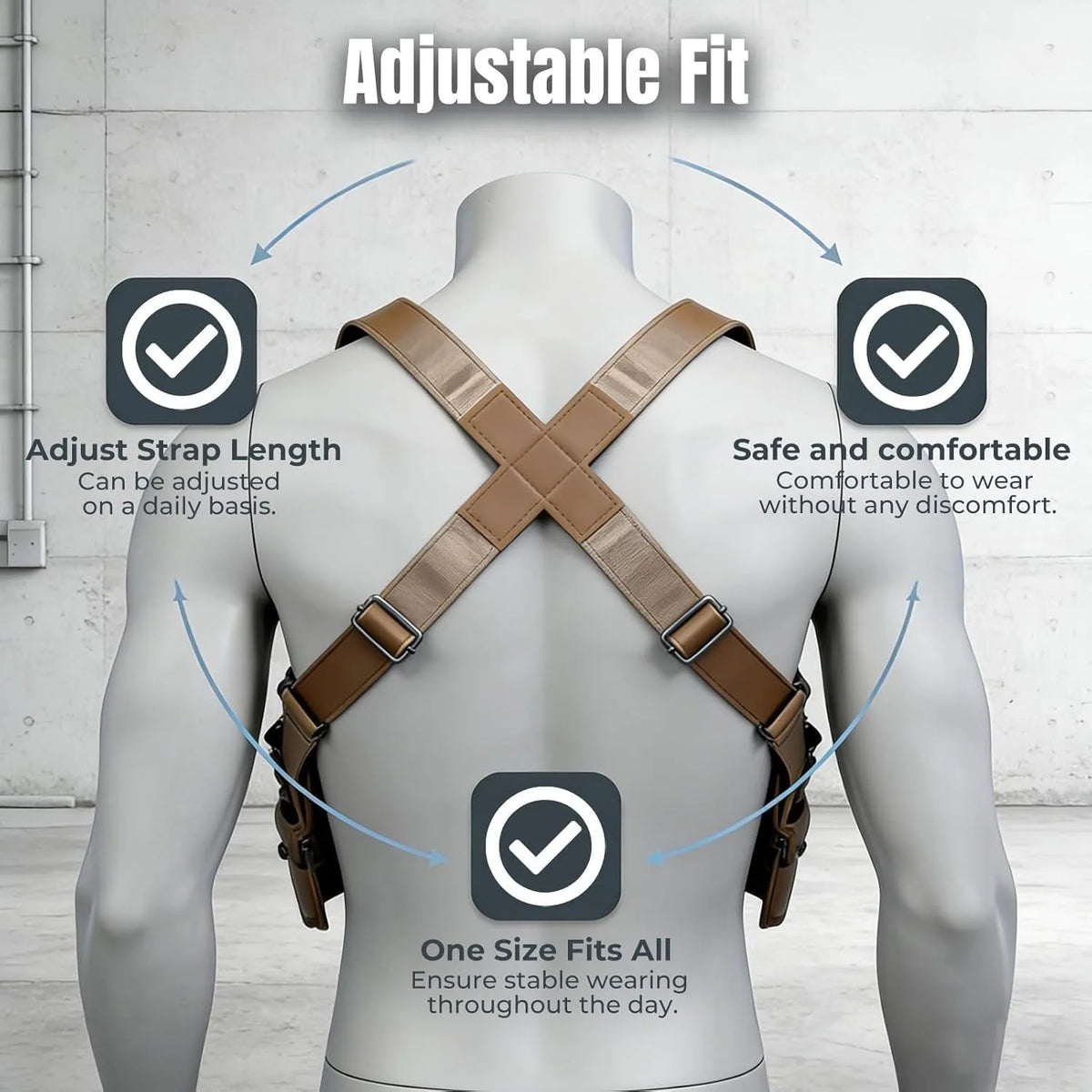 A white mannequin displays a brown leather adjustable strap crossbody bag with features for adjustability and comfort.