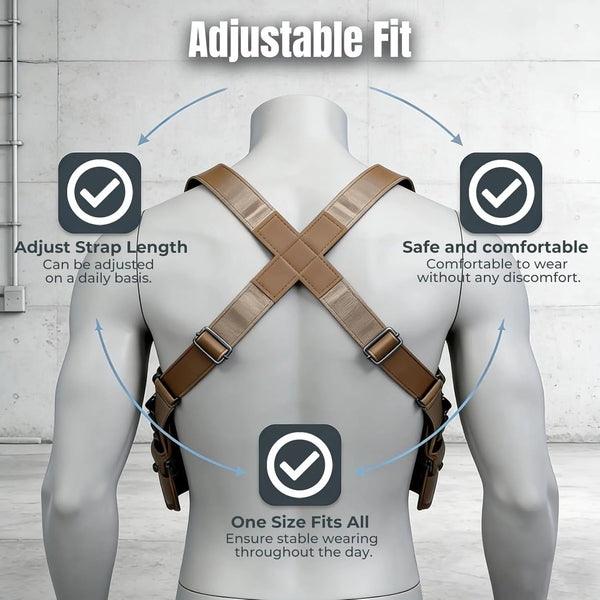 A white mannequin displays a brown leather adjustable strap crossbody bag with features for adjustability and comfort.