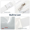Close-up view of a white nylon strap, sturdy buckle, smooth zipper, and durable fabric details for a waist pack.