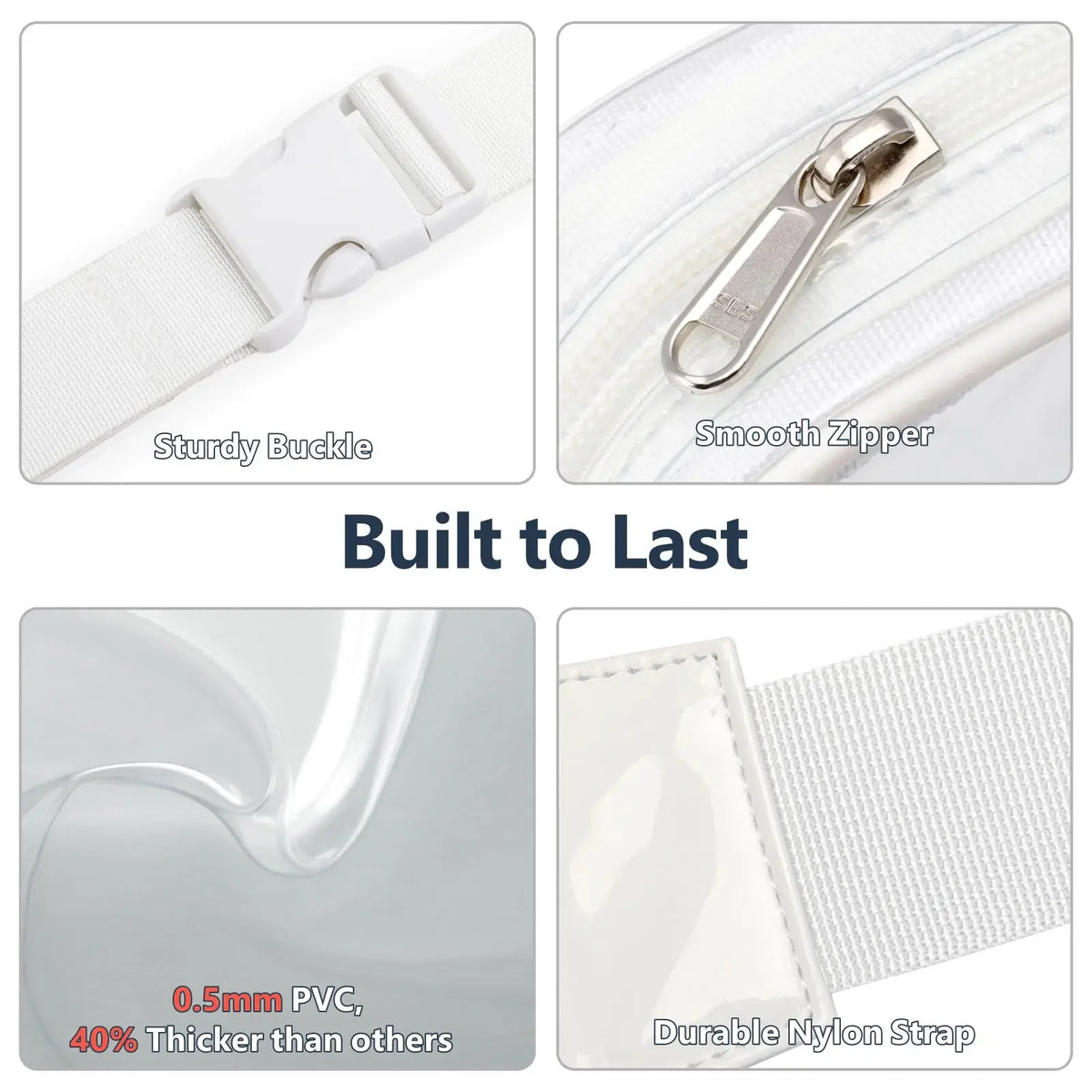 Close-up view of a white nylon strap, sturdy buckle, smooth zipper, and durable fabric details for a waist pack.