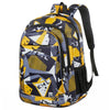 A yellow and black patterned backpack designed for laptop and daily carry.
