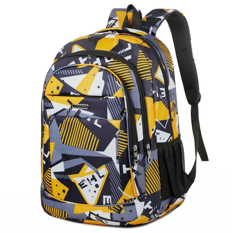 A yellow and black patterned backpack designed for laptop and daily carry.
