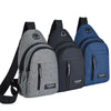 Three water-resistant casual chest bags in gray, black, and blue with fabric straps.
