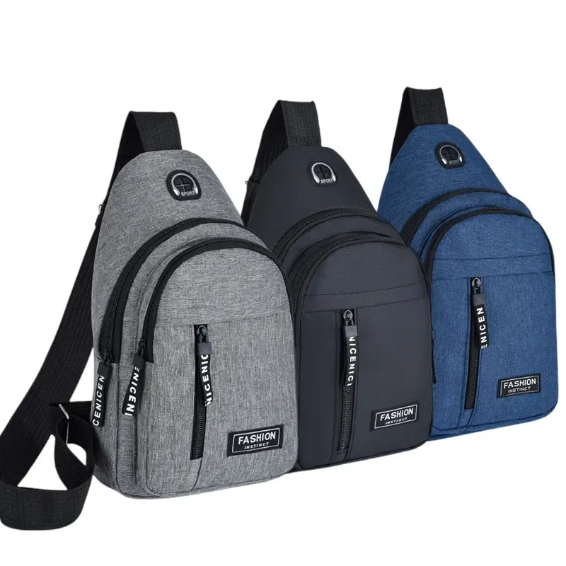 Three water-resistant casual chest bags in gray, black, and blue with fabric straps.