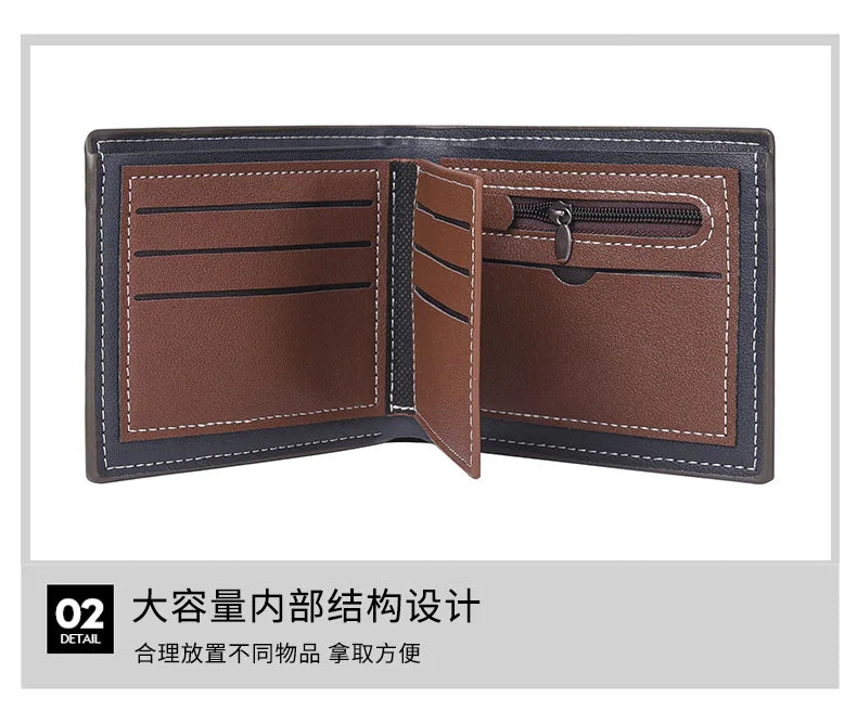 A brown retro PU leather men's wallet showing the interior design with multiple card slots and a zippered compartment.